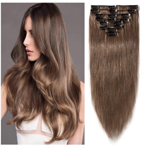 Brown Human Hair Extensions Double Weft Straight Clip-in