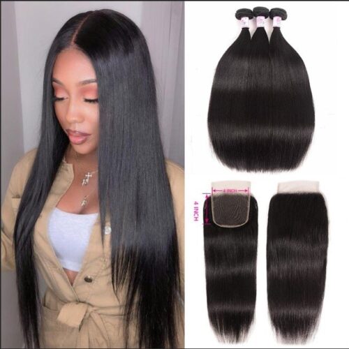 10A Straight Silky  Remy Human Hair 3 Bundles with Frontal Closure Natural Colour 100% Virgin